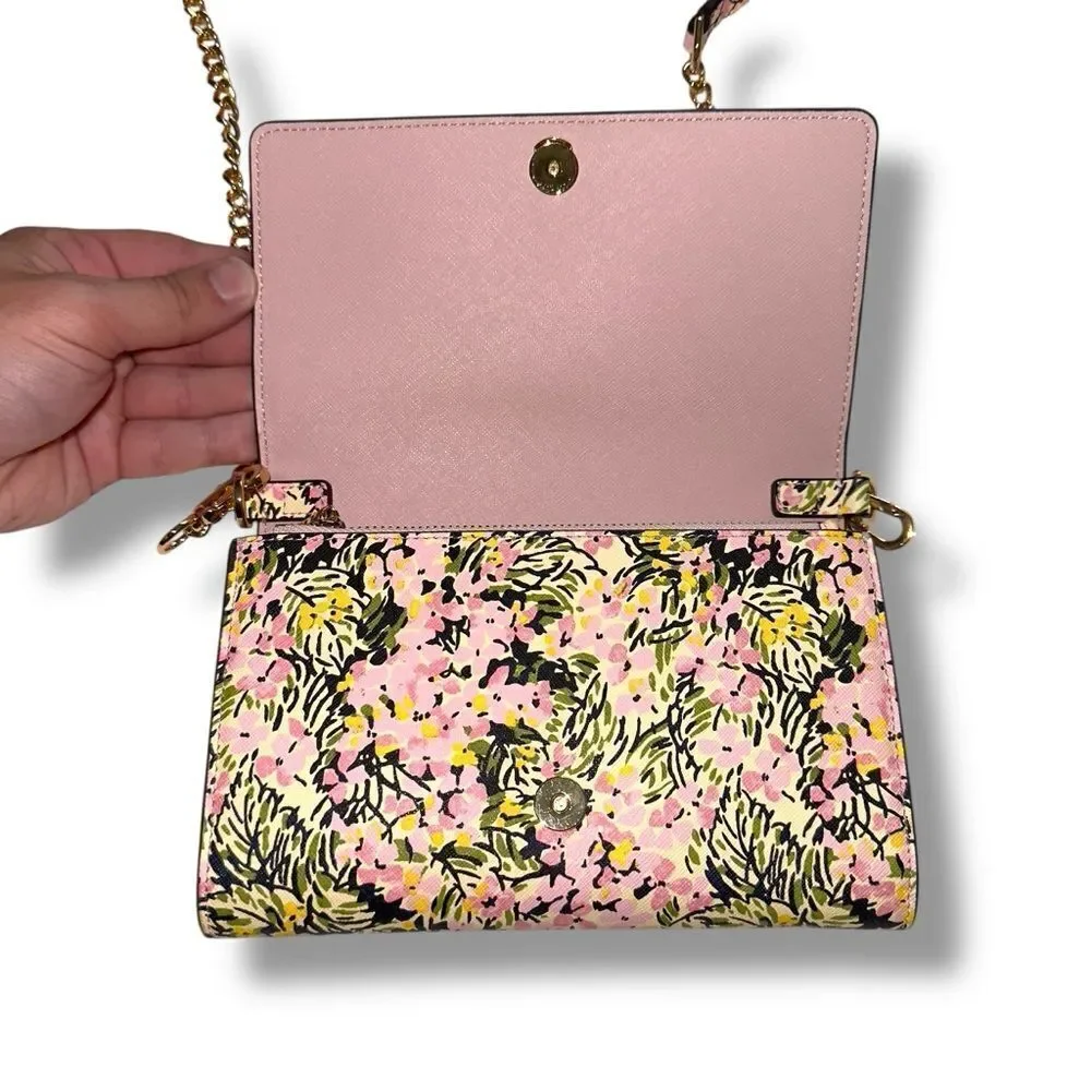 Tory Burch Beige Floral Print Leather Gemini Shoulder Bag